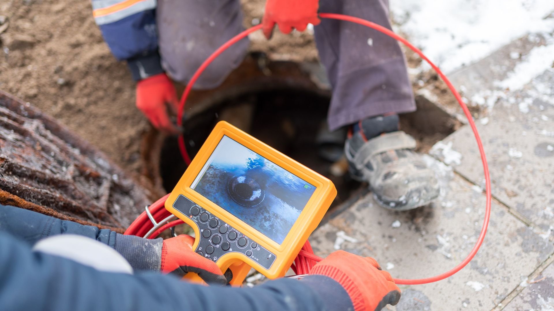 Technician using handheld device to inspect underground pipe or utility